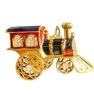 Smithsonian Gold-Plated Vintage Locomotive Pin Brooch With Crystal Accents Red/B